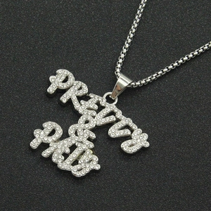 Collier hip hop pour homme avec pendentif lettres serties de strass et chaîne box argent