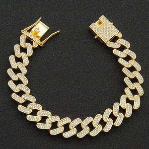 Bracelet Hip Hop Maille Gourmette Entièrement Serti de Strass pour Hommes Femmes Bijoux en Alliage Plaqué Or Argent Chaîne Main