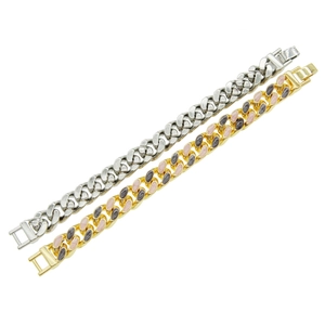 Gros bracelets cubains hip hop avec incrustations d'émail rose en finition or et argent