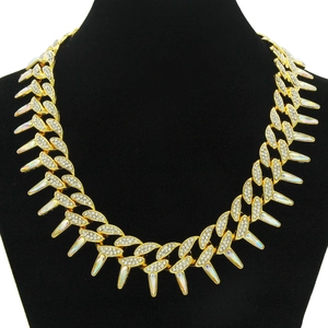 Hip Hop Men Spiked Iced Out Cuban Link Chain Necklace Alloy Rainbow Spikes Rhinestone Pave Punk Choker Streetwear Jewelry