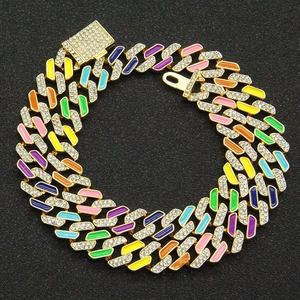 Hip Hop Rainbow Colorful Cuban Link Chain Necklace For Men Women Iced Out Rhinestone Alloy Punk Rock Choker Jewelry