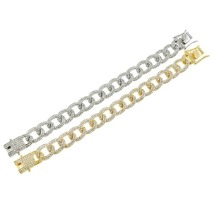 Bracelet maille cubaine glacée en or et argent avec fermoir papillon serti de cristaux