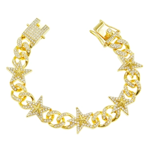 Bracelet Hip Hop Homme Étoile Alliage Cuban Link Strass Pave Chaîne Bijoux Streetwear Couleur Or Argent