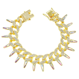 Hip hop gold Cuban link bracelet with multicolored rhinestones and spikes on white background