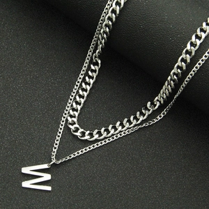 Double-layered stainless steel Cuban chain necklace with silver W letter pendant