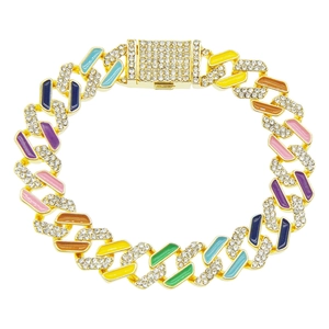 Hip-Hop Regenbogen Cuban Link Armband mit Diamanten und buntem Emaille in Goldoptik