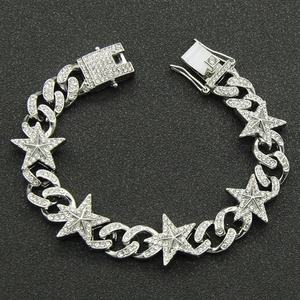 Bracelet cubain hip-hop pour homme avec étoiles 3D argentées et strass brillants