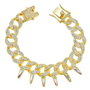 Hip Hop Iced Out Cuban Link Bracelet For Men Women Alloy Rhinestone Spiked Teardrop Pendant Punk Street Jewelry Gold Silver