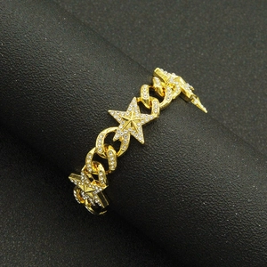 Gourmette hip hop dorée avec breloques étoiles 3D serties de faux diamants pour homme