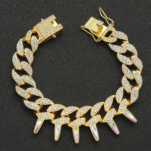 Men's hip hop gold Cuban bracelet with iced out pavé diamonds and laser spike charms