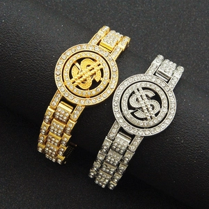 Iced out hip hop dollar sign spinning necklace and watch chain set in gold and silver