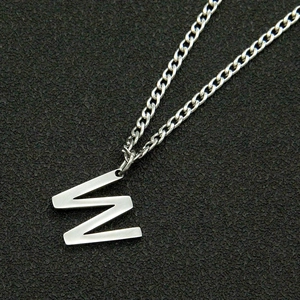 Silver stainless steel double-layered necklace with letter W pendant and curb chain