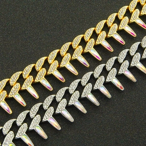 Hip hop iced out Cuban chain bracelet with spiked charms and iridescent stones