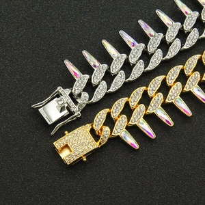 Hip hop cuban chain necklace with colorful acrylic spikes and rhinestones in gold and silver