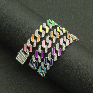 Men's hip hop silver Cuban link necklace with rainbow enamel and pavé rhinestones