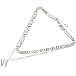 Double-layered silver stainless steel necklace with Cuban chain and large letter W pendant