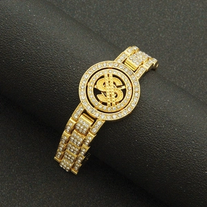 Men's hip hop gold watch-style bracelet with spinning dollar sign and clear crystals