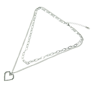 Collier double épaisseur en acier inoxydable argenté avec cœur pixel et chaîne trombone