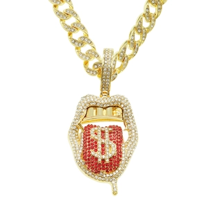 Collier Pendentif Langue de Bouche Iced Out Signe Dollar Chaîne Cubaine Hip Hop Hommes Femmes Alliage Strass Bijoux