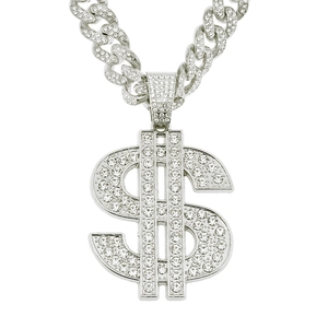 Close-up of hip-hop silver dollar sign pendant with sparkling white rhinestones
