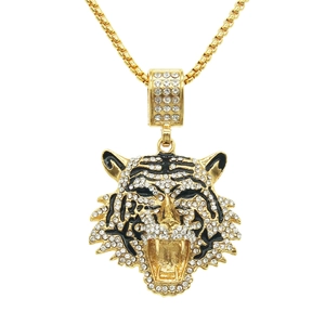 Collier Pendentif Tête de Tigre Hip Hop en Alliage Strass Bijoux Animalier Chaîne Vénitienne pour Hommes Femmes Or Argent