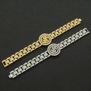 Hip hop watch-style bracelets with dollar sign and full rhinestones in gold and silver