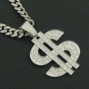Hip-hop silver dollar sign pendant with iced-out crystals on a thick Cuban link chain