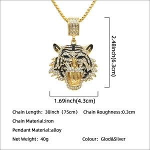 Collier pendentif tête de tigre avec strass et chaîne de 75 cm pour hommes et femmes