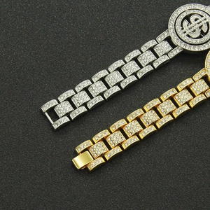 Hip hop iced out dollar sign watch-style bracelets in gold and silver finish
