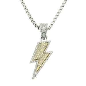 Collier Pendentif Éclair Hip Hop Homme Iced Out Alliage Acier Inoxydable Chaîne Vénitienne Bicolore Strass Bijoux de Mode