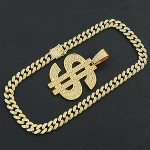 Hip hop gold plated dollar sign pendant with iced out cuban link chain for men