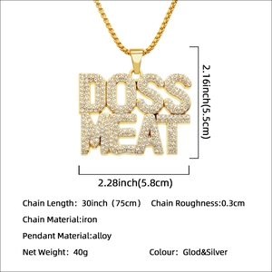Collier hiphop BOSS MEAT en alliage doré avec pendentif incrusté de strass brillants