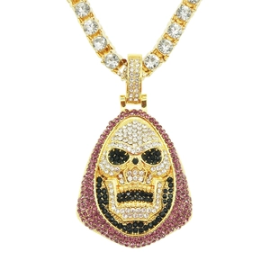 Collier Pendentif Crâne Glacé en Alliage Hip Hop Chaîne de Tennis Punk Street Bijoux Ornés de Strass pour Hommes Fête