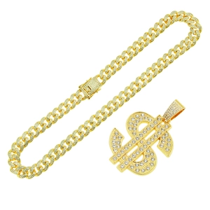 Iced out gold Cuban link chain necklace with sparkling dollar sign pendant for hip hop style