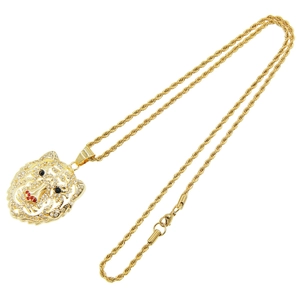 Collana hip hop con ciondolo a testa di tigre 3D con strass e catena a fune dorata
