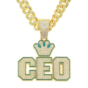 Collier Pendentif Couronne CEO Hip Hop Iced Out en Alliage de Zinc Chaîne Cubaine avec Strass Incrustés Or Argent