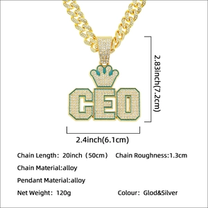 Collier hip hop avec pendentif CEO à couronne, strass brillants et chaîne cubaine