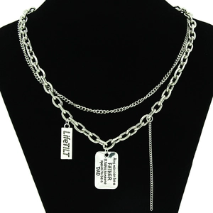 Double-layered silver chain necklace with rectangular tag and emotional military dog tag