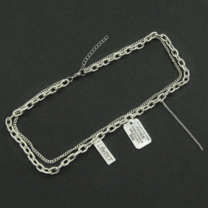 Punk style double layer silver chain necklace with engraved rectangle metal tags