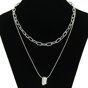 Silver Color Double Layer Necklace With Geometric Ring Pendant Rhinestone Paperclip Chain Bead Chain For Women Jewelry