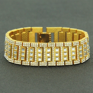 Bracelet hip-hop pour homme en or avec larges maillons sertis de cristaux brillants