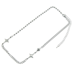 Silver-tone Cuban link and ball chain necklace featuring star charms and smooth metal bead