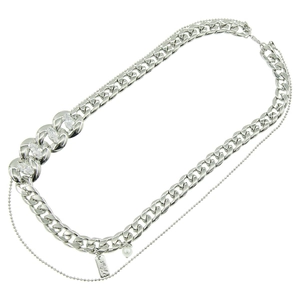 Collier double rang argenté avec chaîne cubaine, perle et pendentif rectangulaire gravé