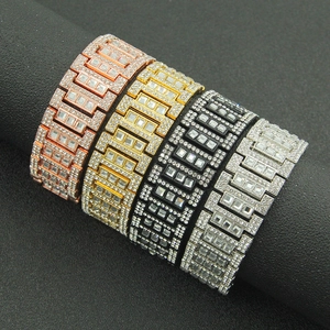 Bracelet chaîne hip-hop large pour homme avec cristaux carrés en quatre couleurs métalliques