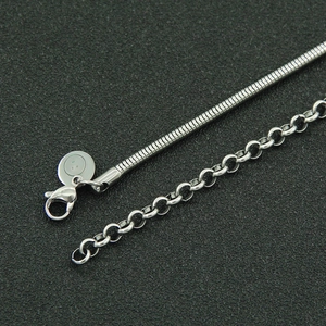 Close-up of silver steel necklace featuring snake chain detail and lobster clasp
