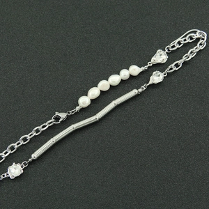Luxury pearl and rhinestone Cuban link necklace with silver bamboo tube elements