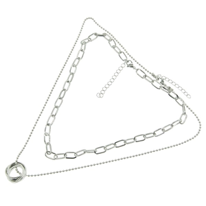 Silver double layer necklace with interlocking rings and rectangular link chain