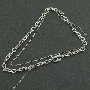 Double layered Cuban link necklace with large B letter pendant in silver steel finish