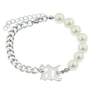 Gothic Letter Pendant Splicing Bracelet Stainless Steel Faux Artificial Pearl Cuban Chain Trendy Unisex Hand Jewelry Accessory
