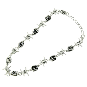 Punk style silver rose and thorn necklace featuring vintage industrial link design